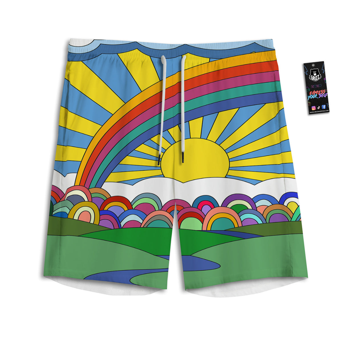 Clouds Rainbows Hippie Art Print Men's Athletic Shorts