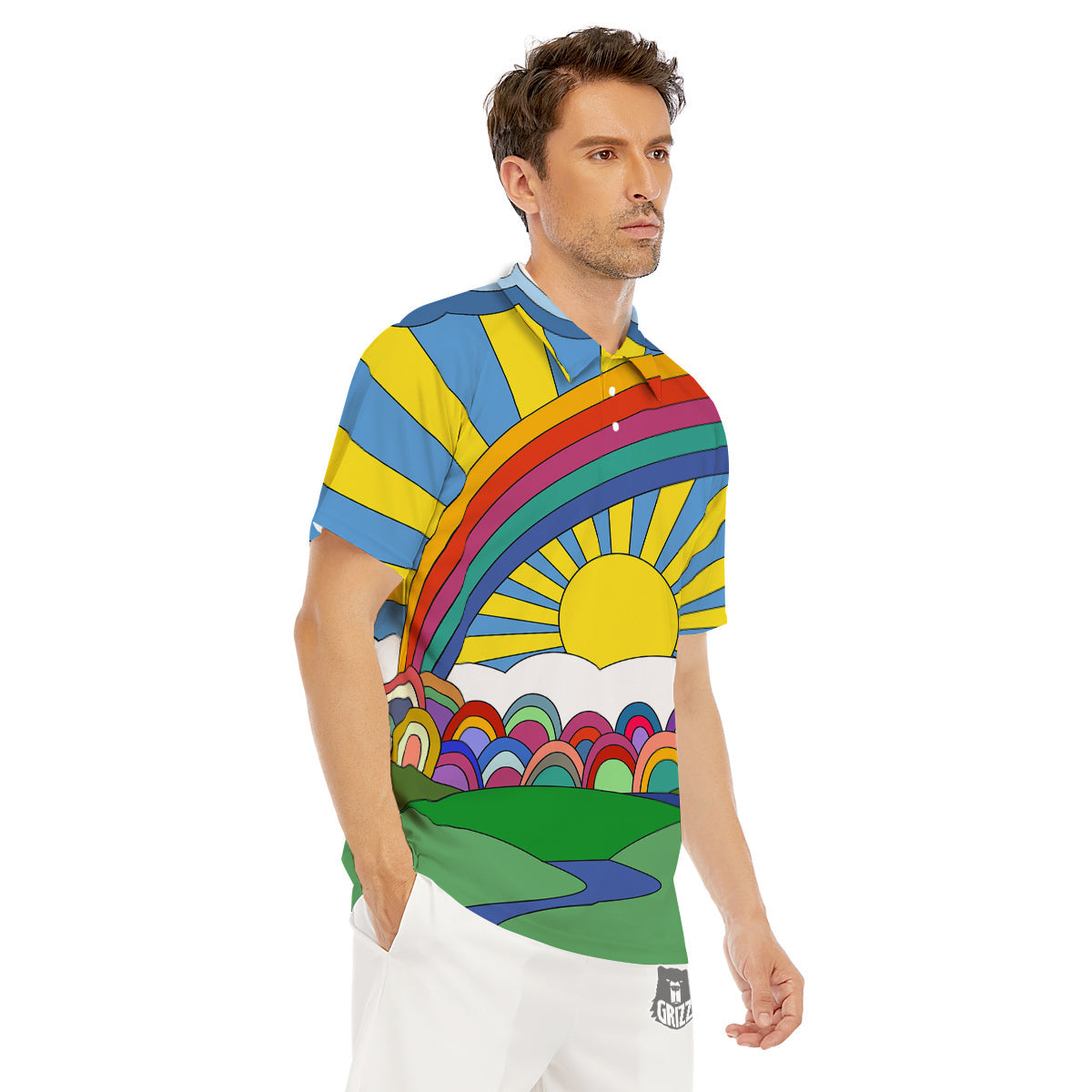 Clouds Rainbows Hippie Art Print Men's Golf Shirts-grizzshop