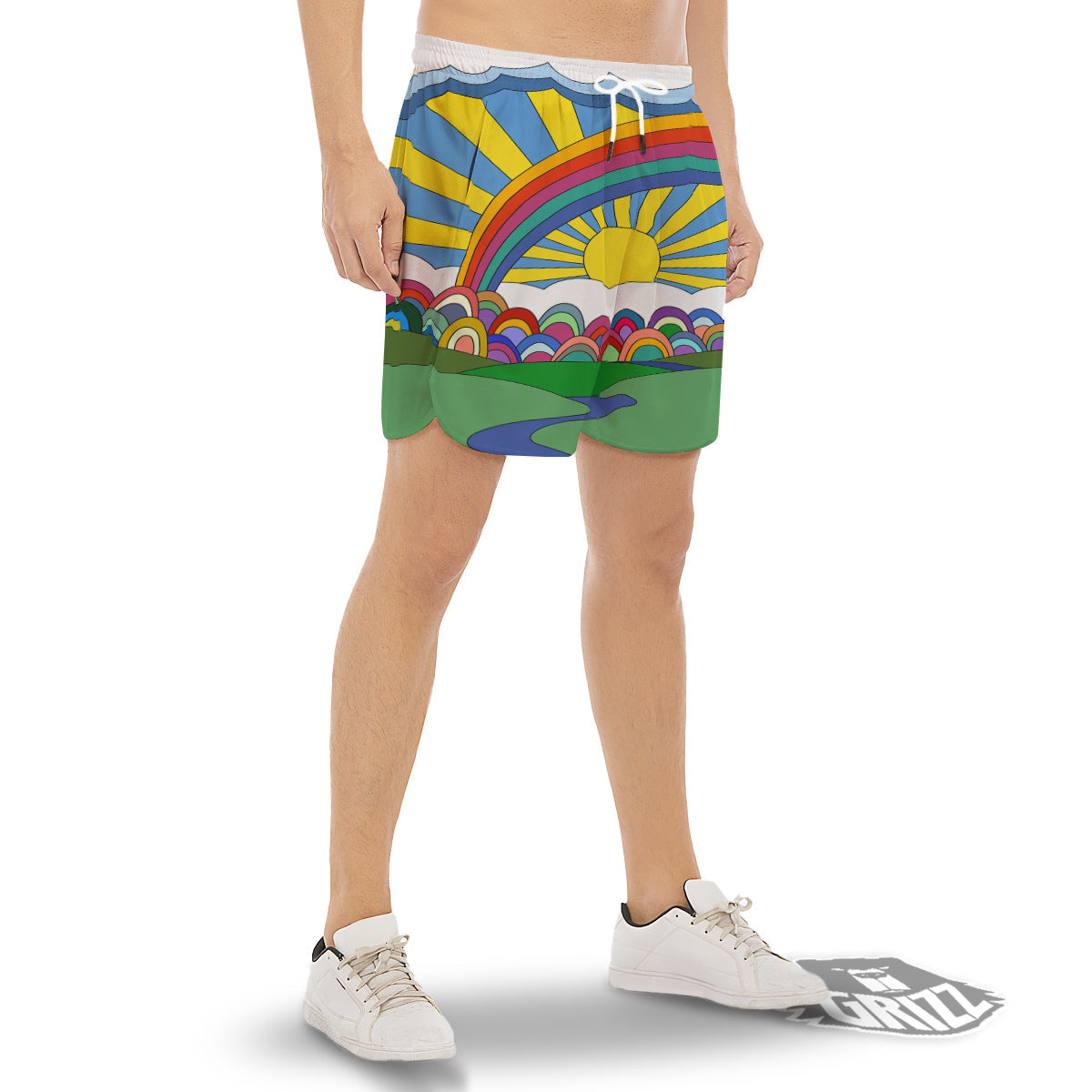 Clouds Rainbows Hippie Art Print Men's Gym Shorts-grizzshop