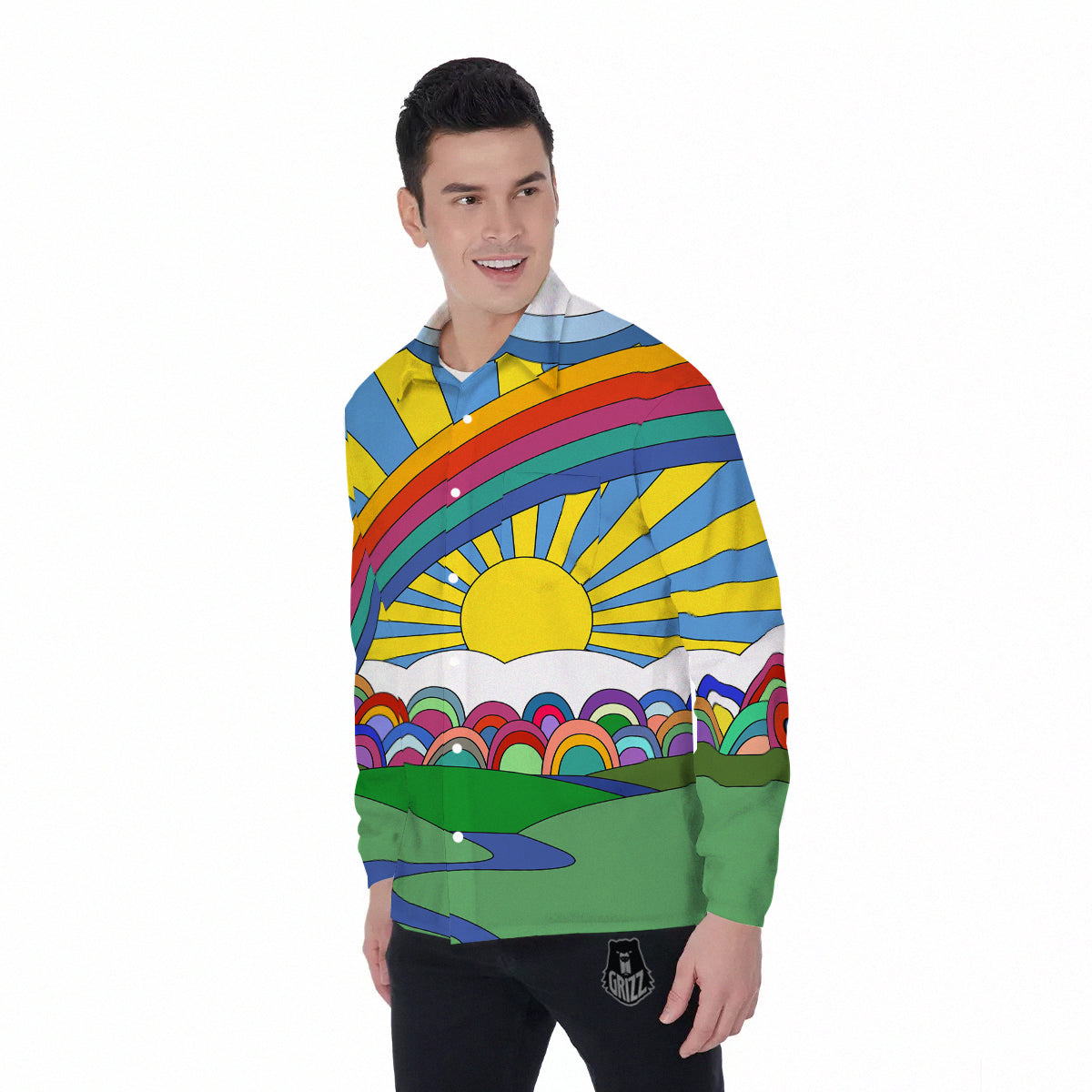 Clouds Rainbows Hippie Art Print Men's Long Sleeve Shirts-grizzshop