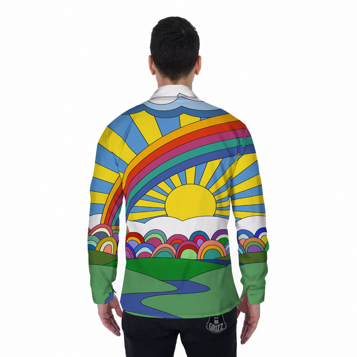 Clouds Rainbows Hippie Art Print Men's Long Sleeve Shirts-grizzshop