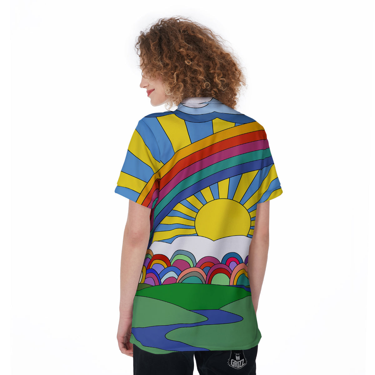 Clouds Rainbows Hippie Art Print Women's Golf Shirts-grizzshop