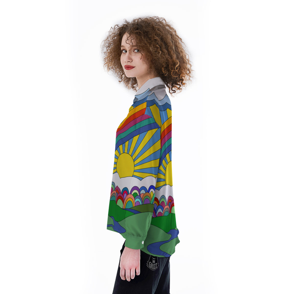Clouds Rainbows Hippie Art Print Women's Long Sleeve Shirts-grizzshop