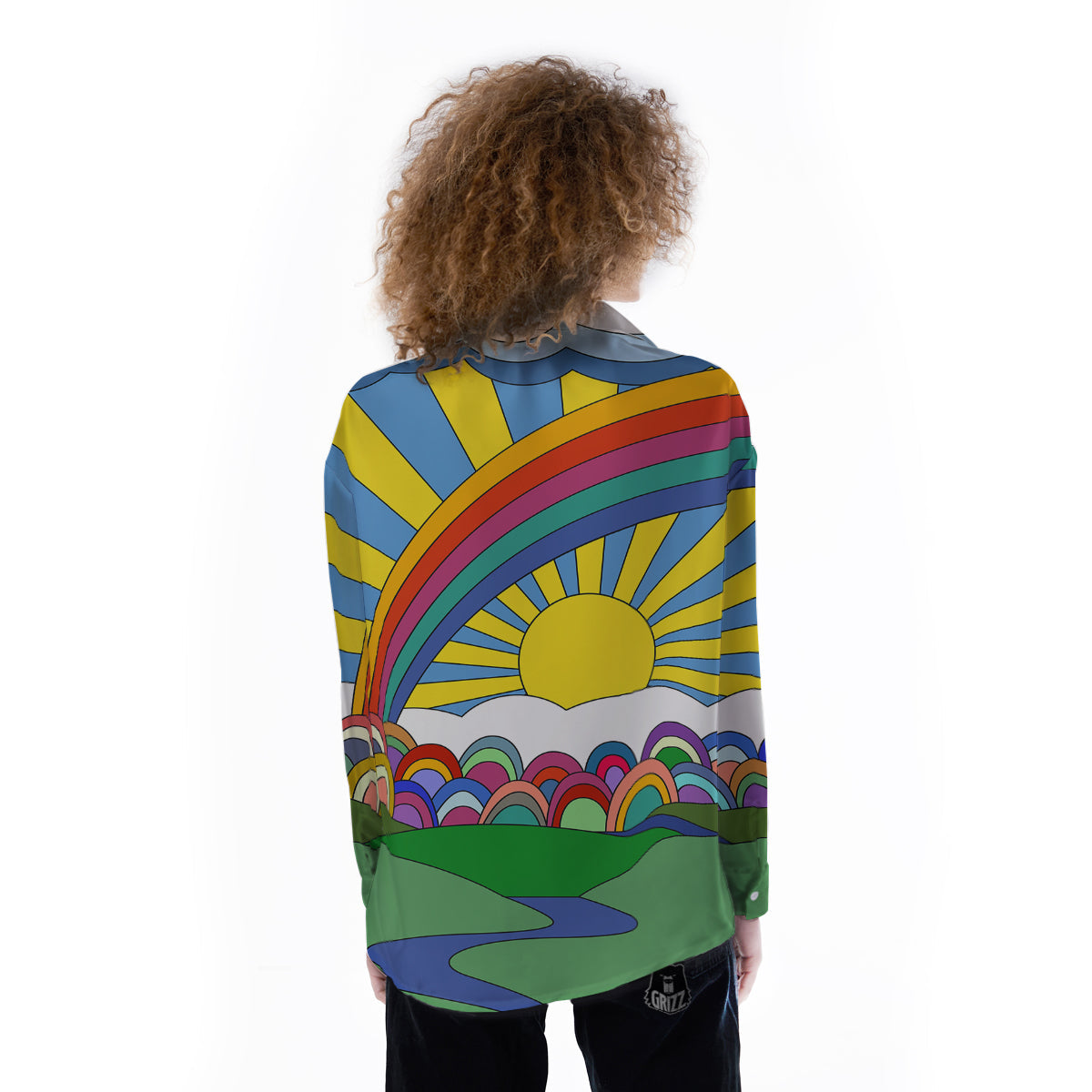 Clouds Rainbows Hippie Art Print Women's Long Sleeve Shirts-grizzshop