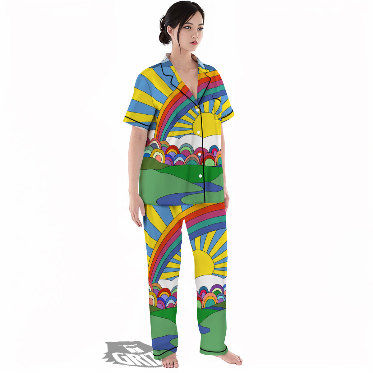 Clouds Rainbows Hippie Art Print Women's Pajamas Set-grizzshop