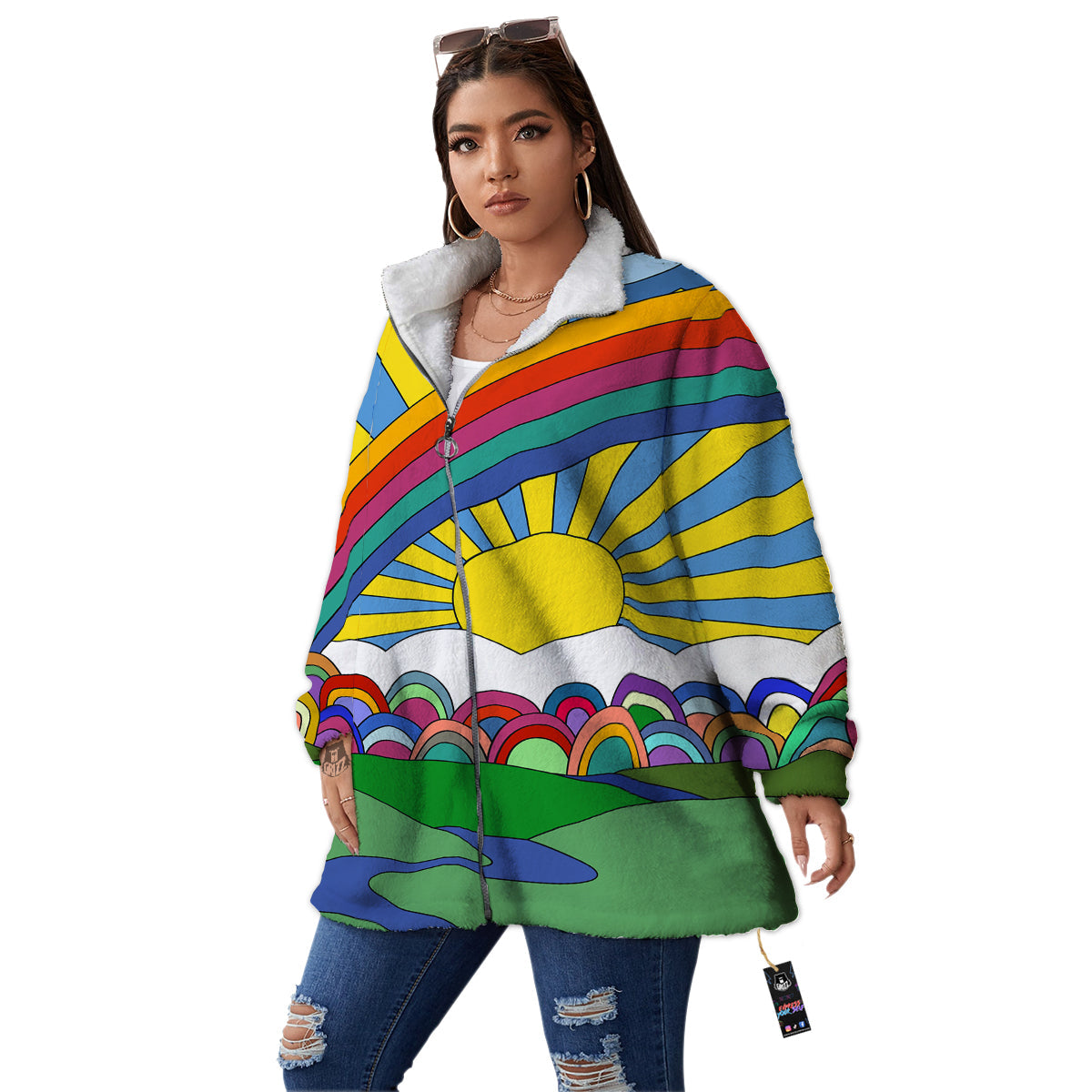 Clouds Rainbows Hippie Art Print Women's Sherpa Jacket-grizzshop