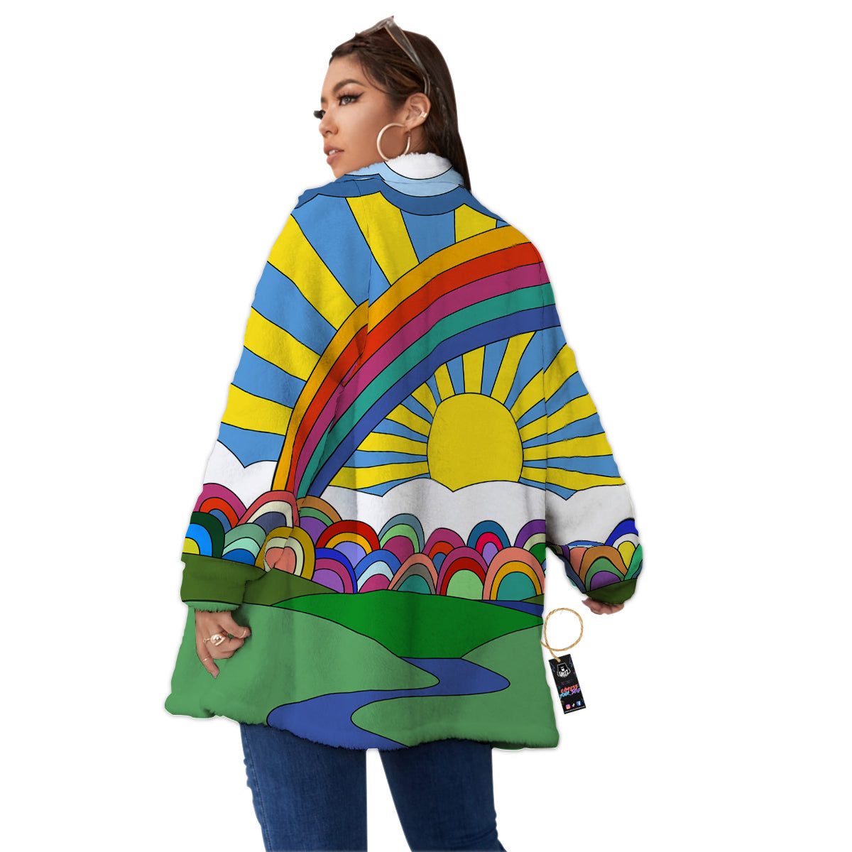 Clouds Rainbows Hippie Art Print Women's Sherpa Jacket-grizzshop