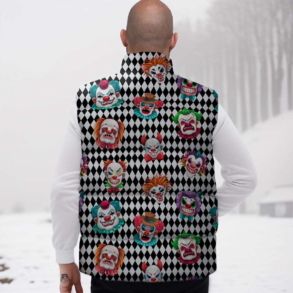 Clown Faces And Harlequin Black Print Pattern Down Vest