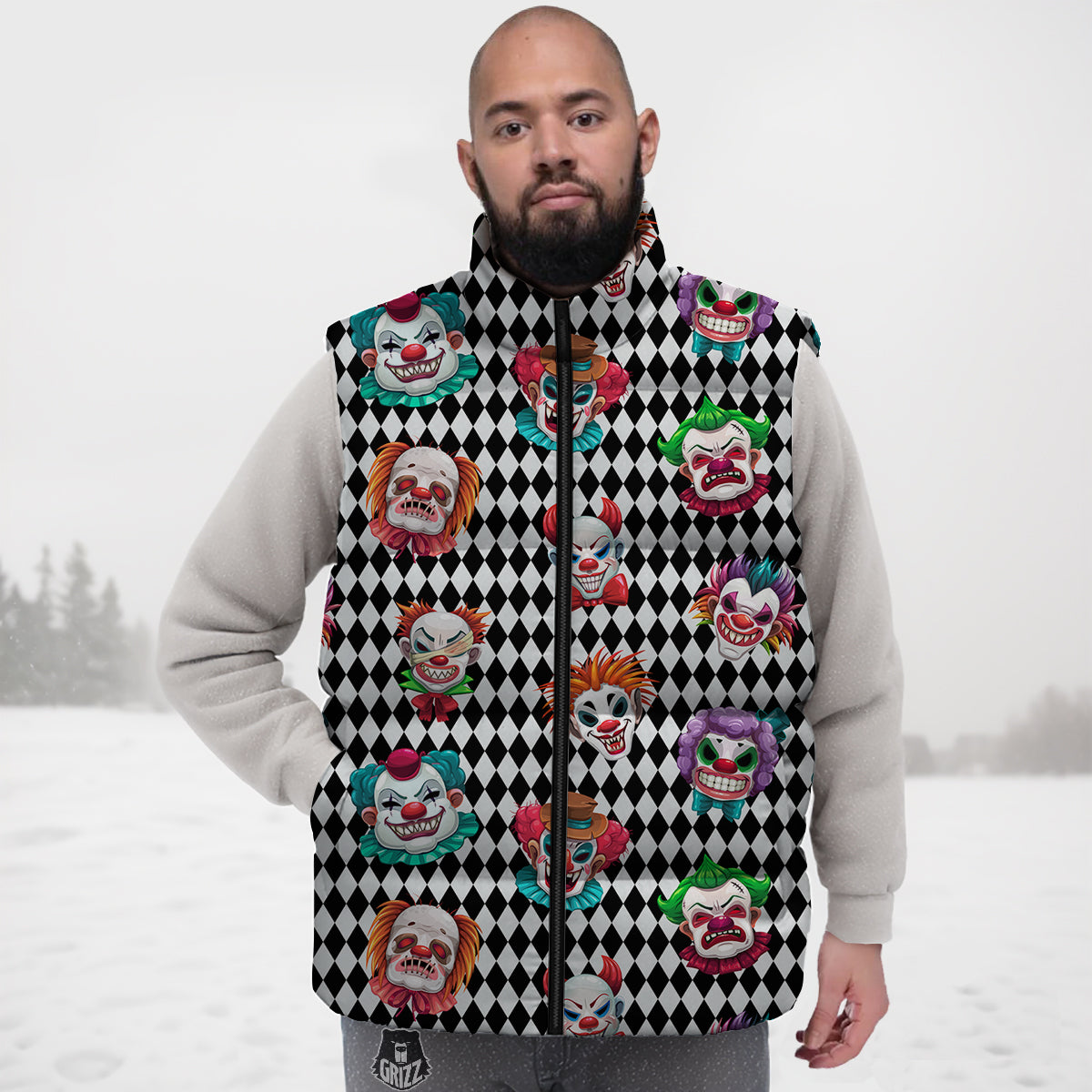 Clown Faces And Harlequin Black Print Pattern Down Vest