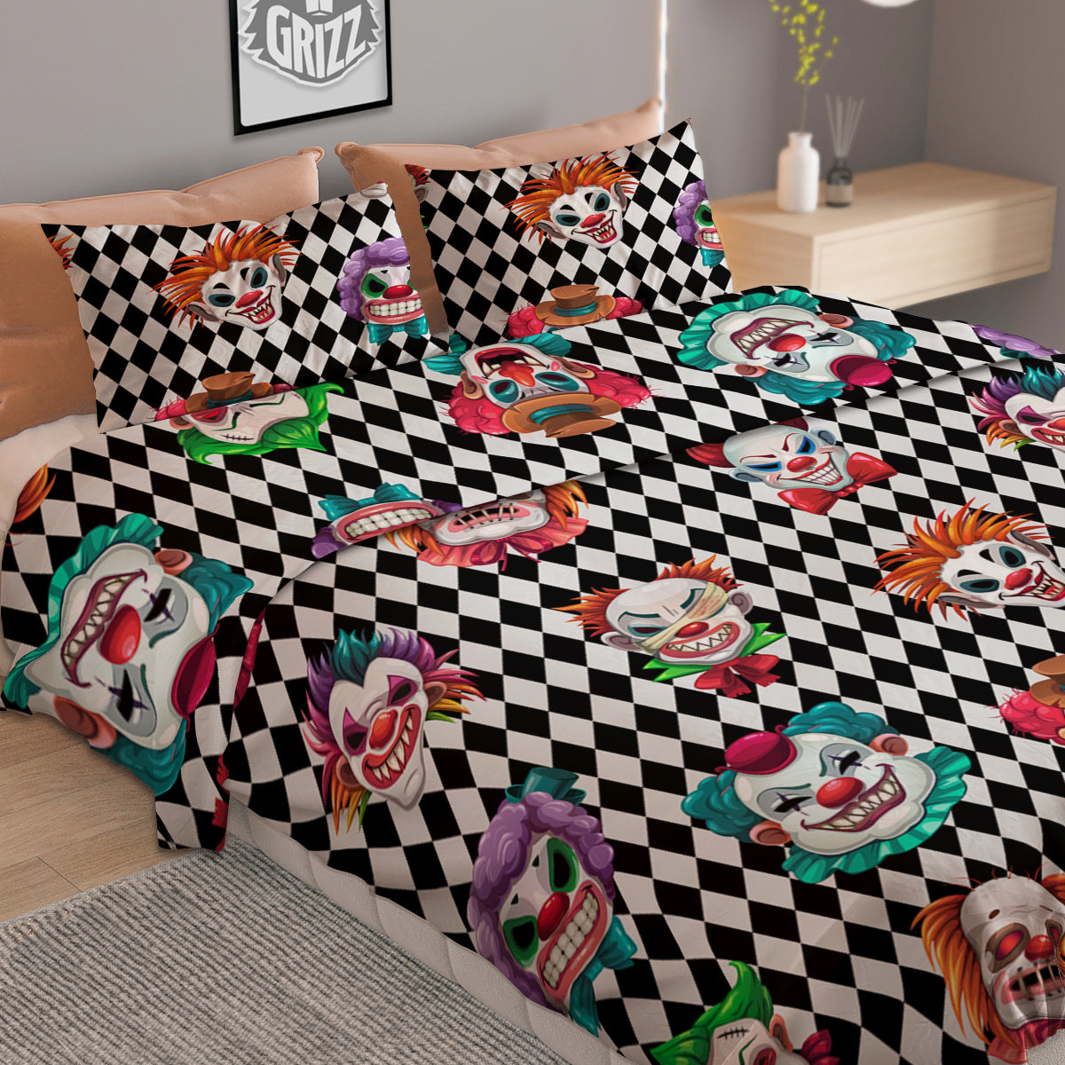 Clown Faces And Harlequin Black Print Pattern Duvet Cover Bedding Set