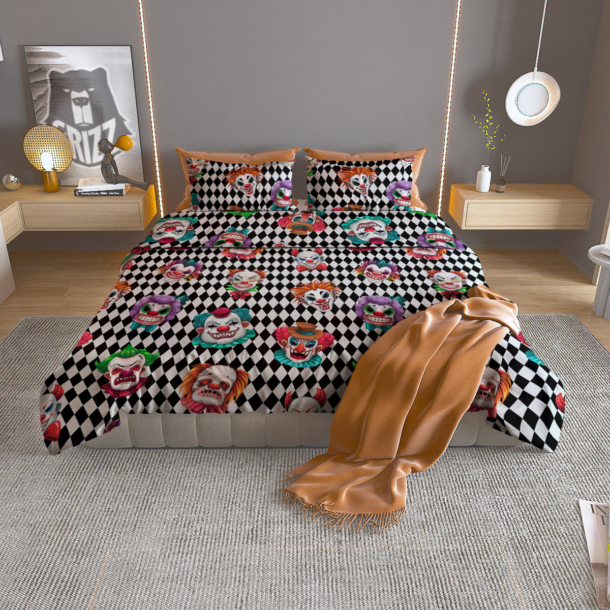 Clown Faces And Harlequin Black Print Pattern Duvet Cover Bedding Set