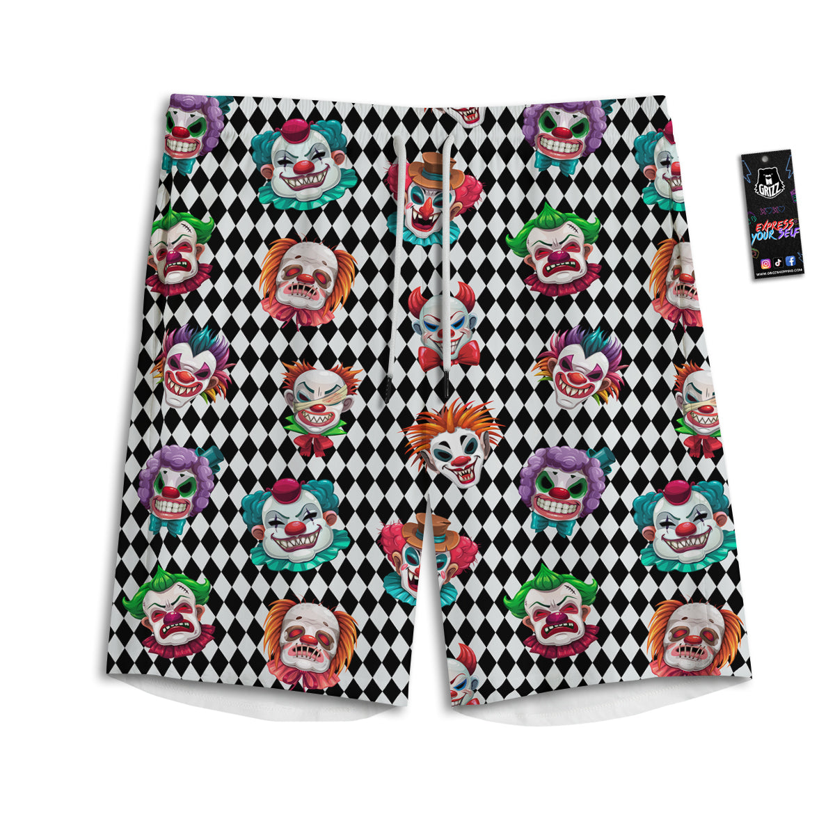 Clown Faces And Harlequin Black Print Pattern Men's Athletic Shorts
