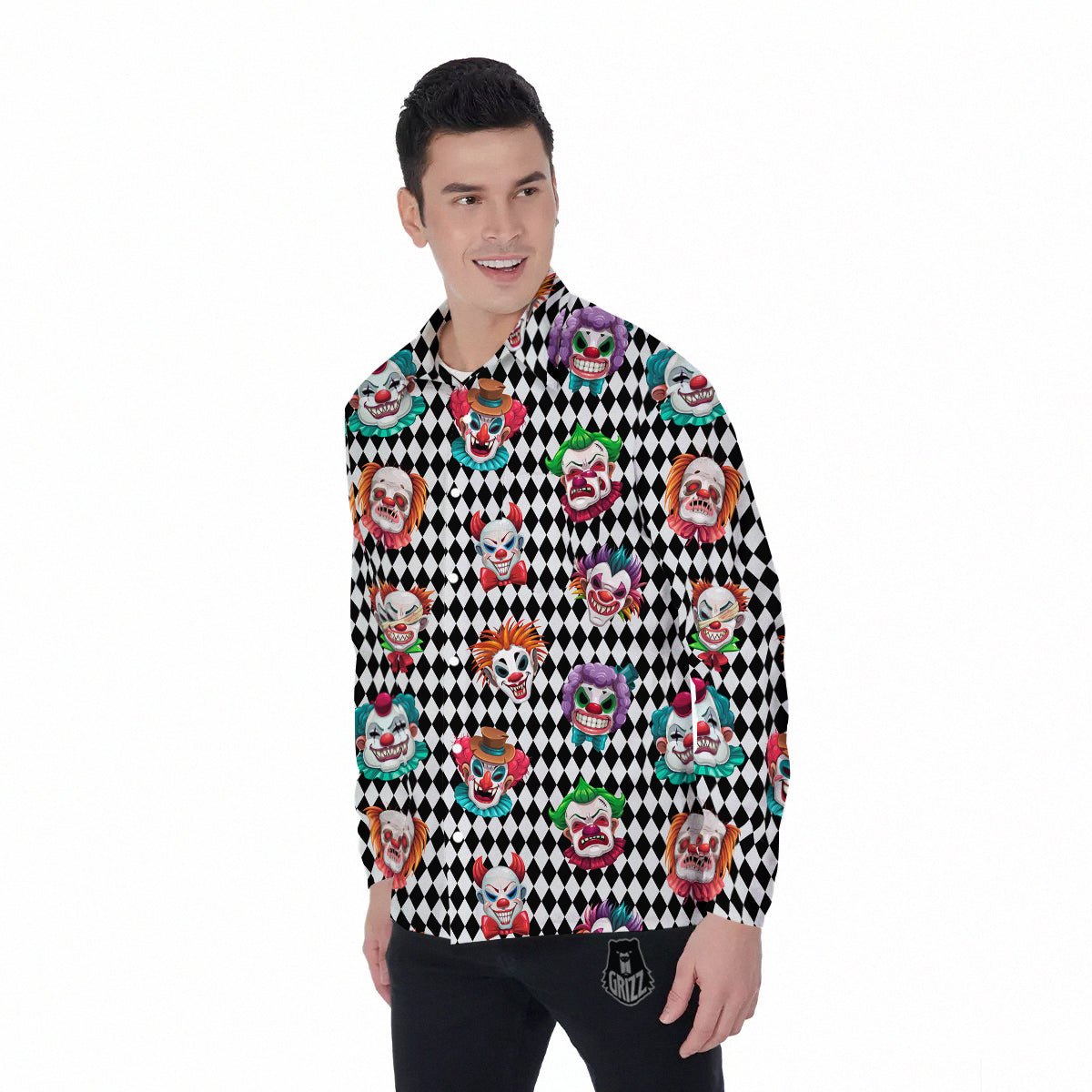 Clown Faces And Harlequin Black Print Pattern Men's Long Sleeve Shirts-grizzshop