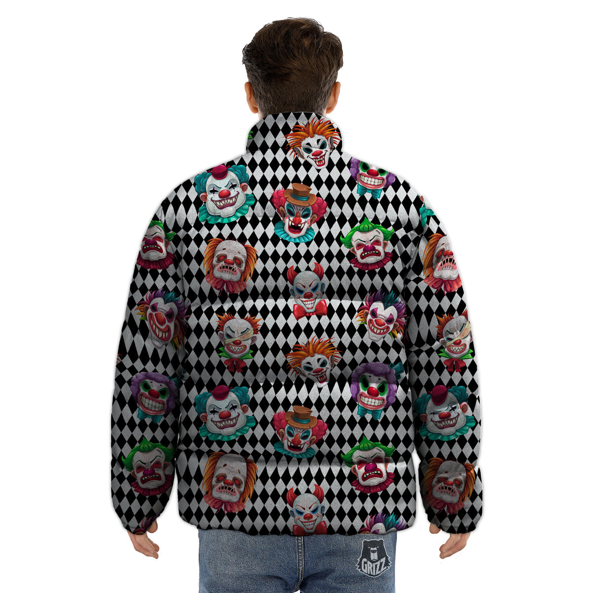 Clown Faces And Harlequin Black Print Pattern Puffer Jacket-grizzshop