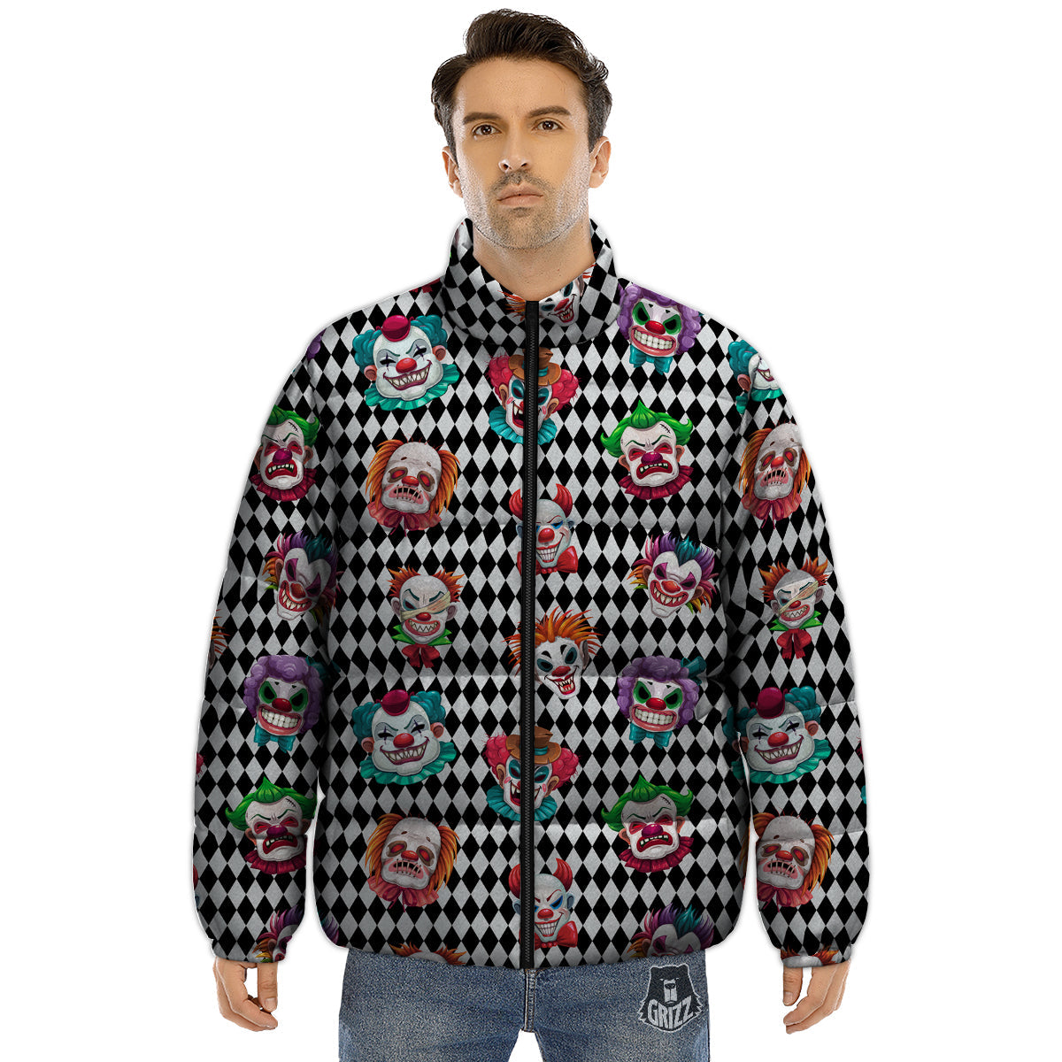 Clown Faces And Harlequin Black Print Pattern Puffer Jacket-grizzshop