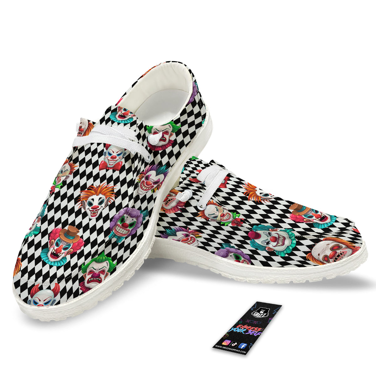 Clown Faces And Harlequin Black Print Pattern White Loafers-grizzshop