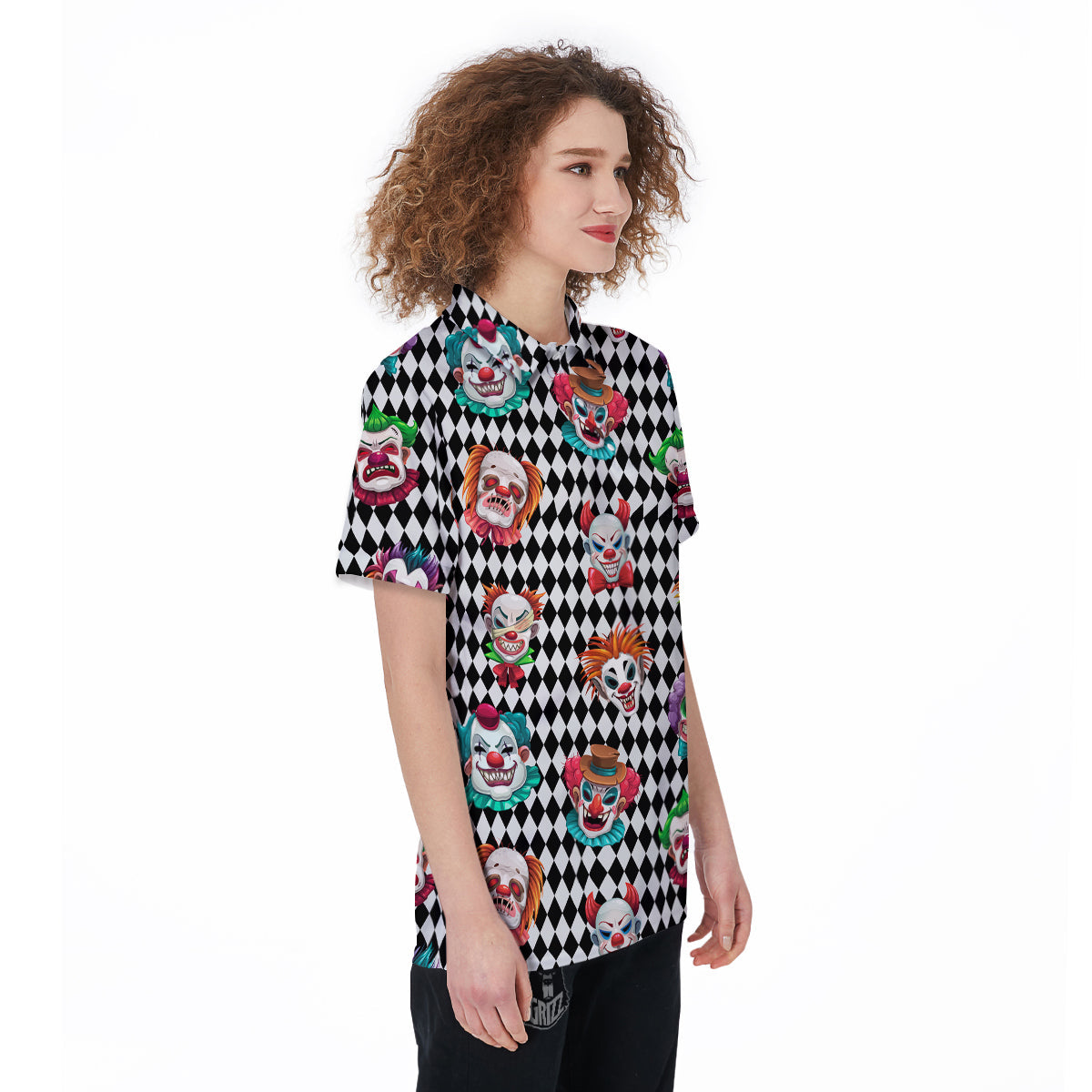 Clown Faces And Harlequin Black Print Pattern Women's Golf Shirts-grizzshop