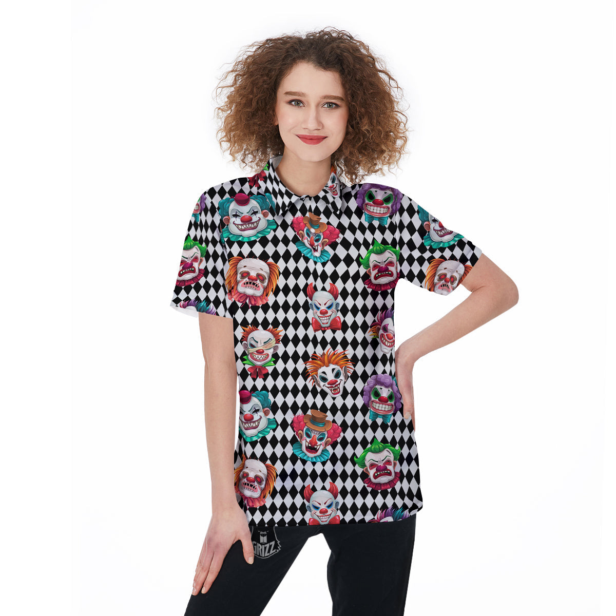 Clown Faces And Harlequin Black Print Pattern Women's Golf Shirts-grizzshop