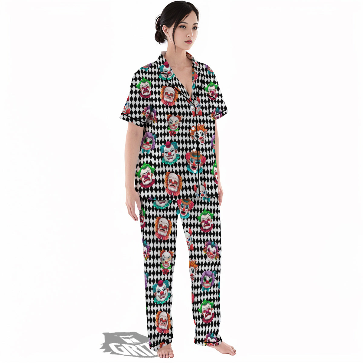 Clown Faces And Harlequin Black Print Pattern Women's Pajamas Set-grizzshop