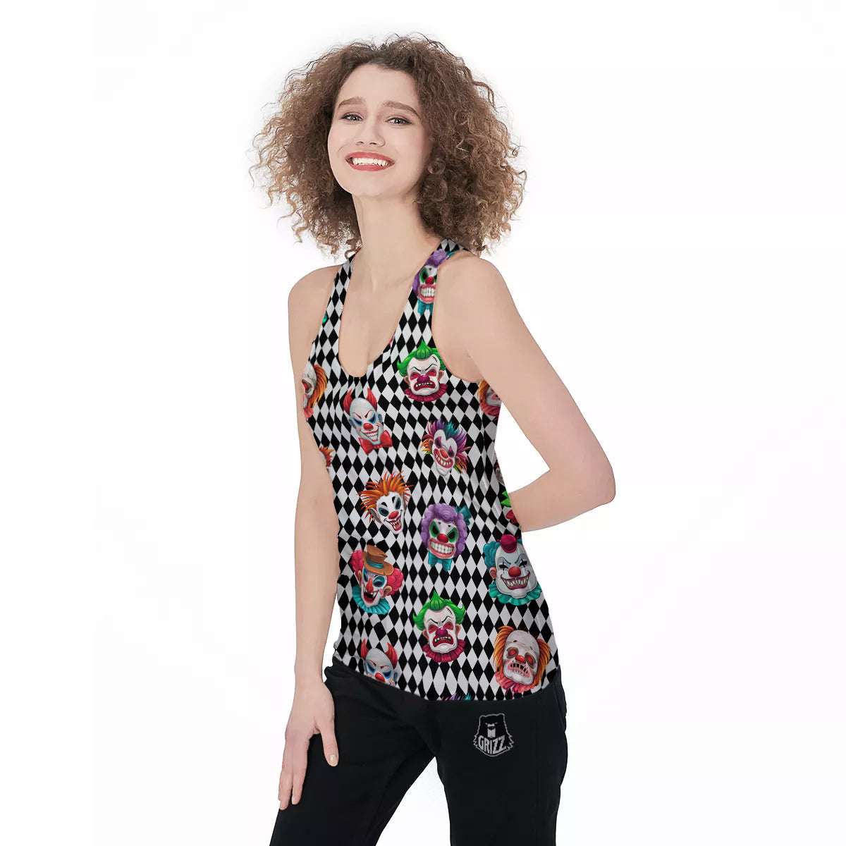 Clown Faces And Harlequin Black Print Pattern Women's Racerback Tank Top-grizzshop