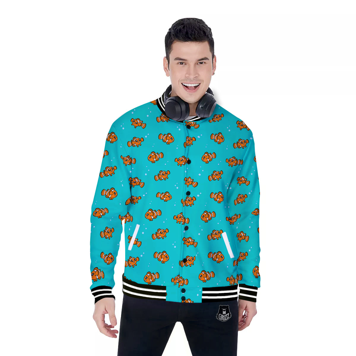 Clownfish Cute Watercolor Blue Print Pattern Baseball Jacket-grizzshop