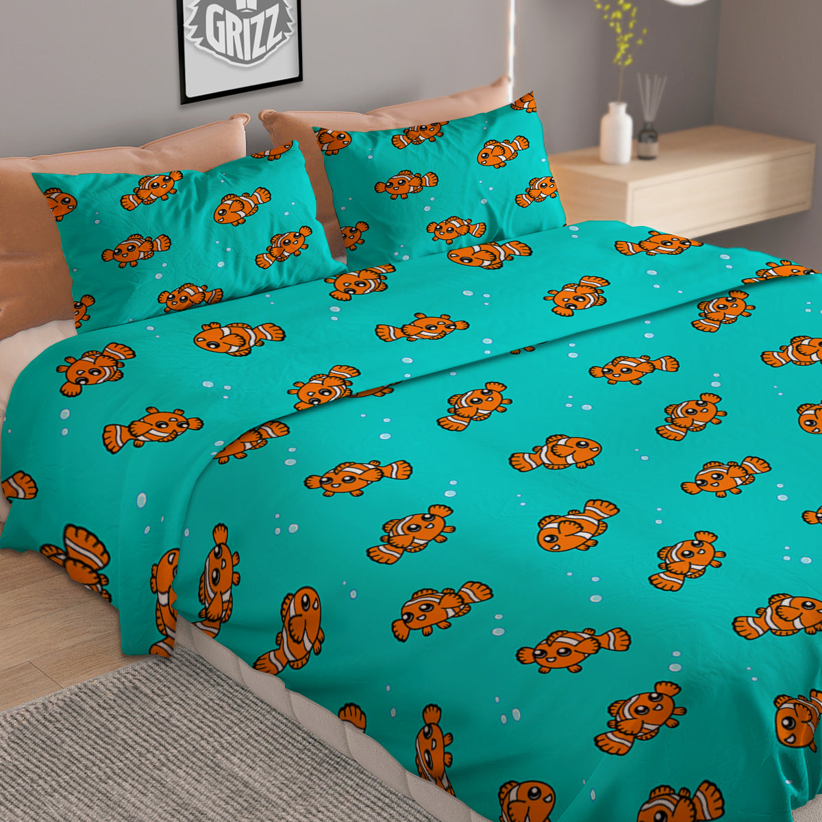 Clownfish Cute Watercolor Blue Print Pattern Duvet Cover Bedding Set