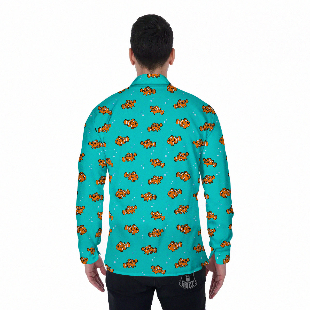 Clownfish Cute Watercolor Blue Print Pattern Men's Long Sleeve Shirts-grizzshop