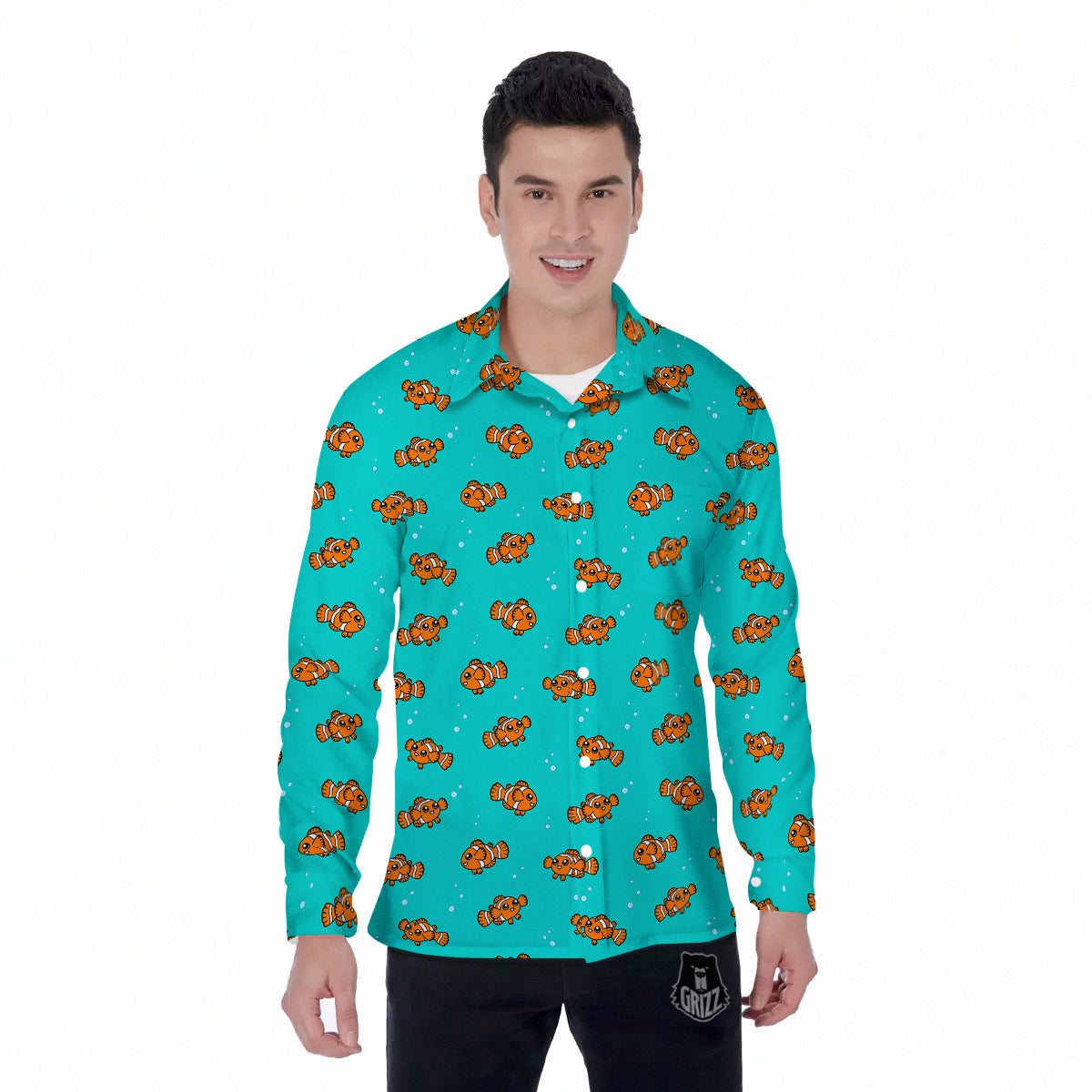 Clownfish Cute Watercolor Blue Print Pattern Men's Long Sleeve Shirts-grizzshop