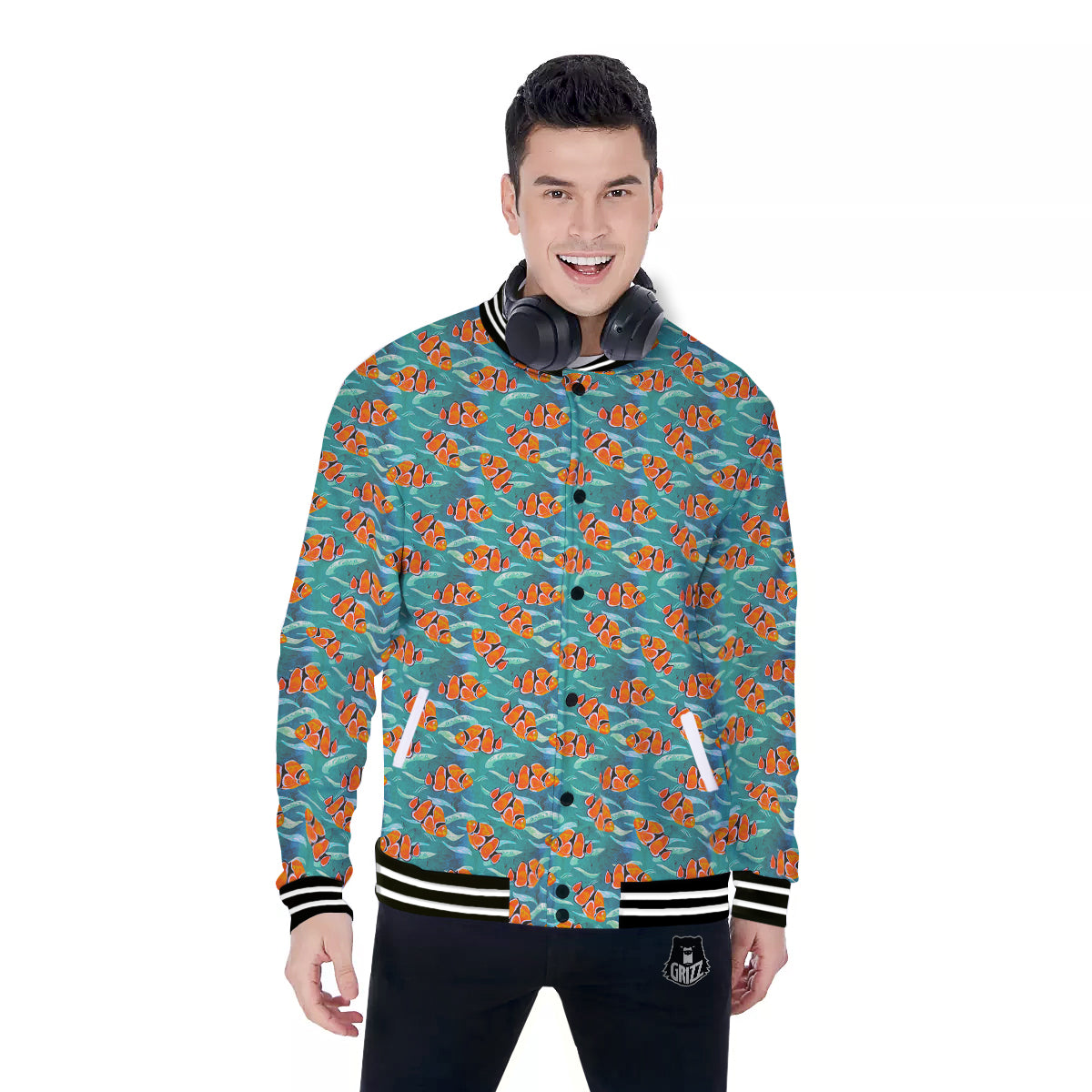 Clownfish Watercolor Blue Print Pattern Baseball Jacket-grizzshop
