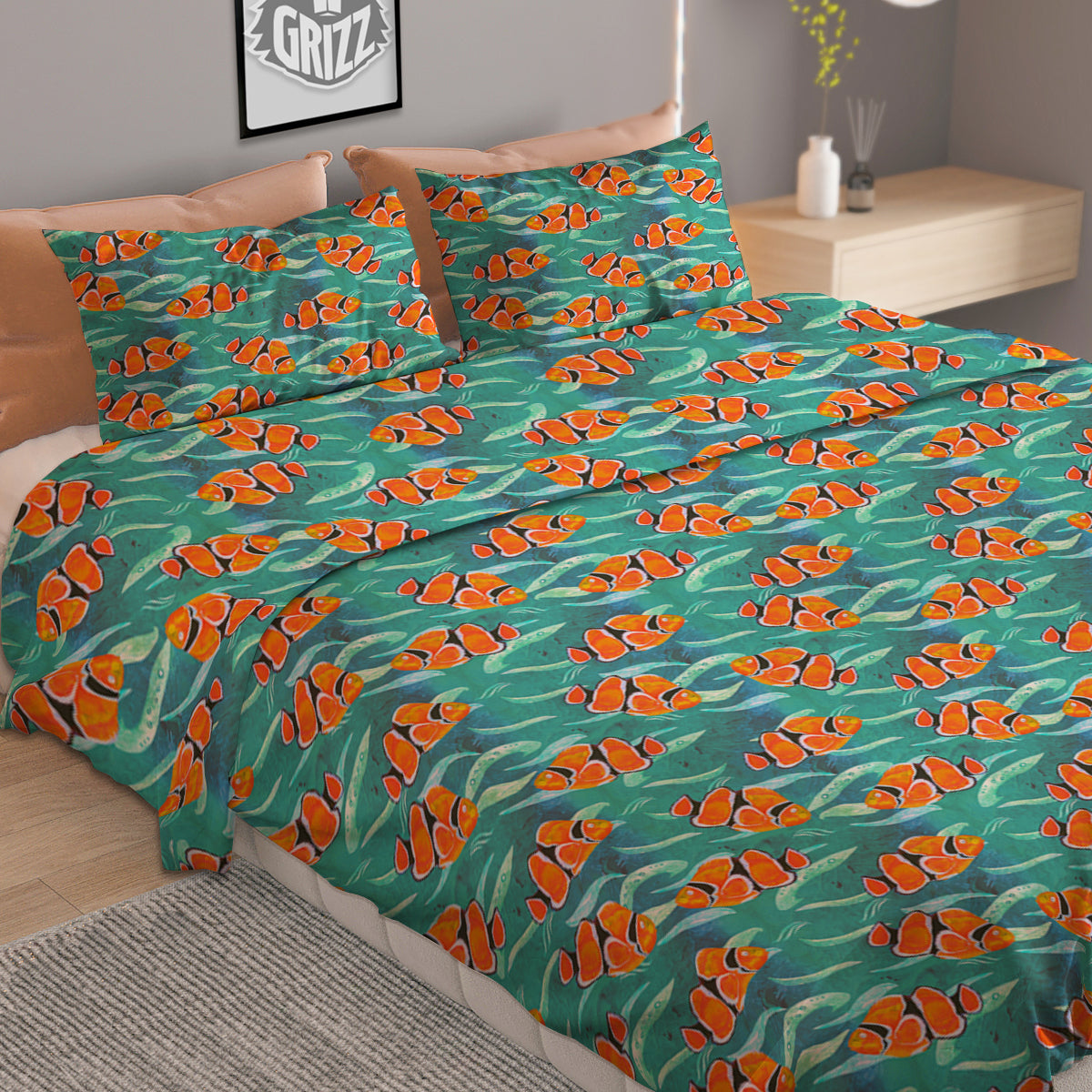 Clownfish Watercolor Blue Print Pattern Duvet Cover Bedding Set