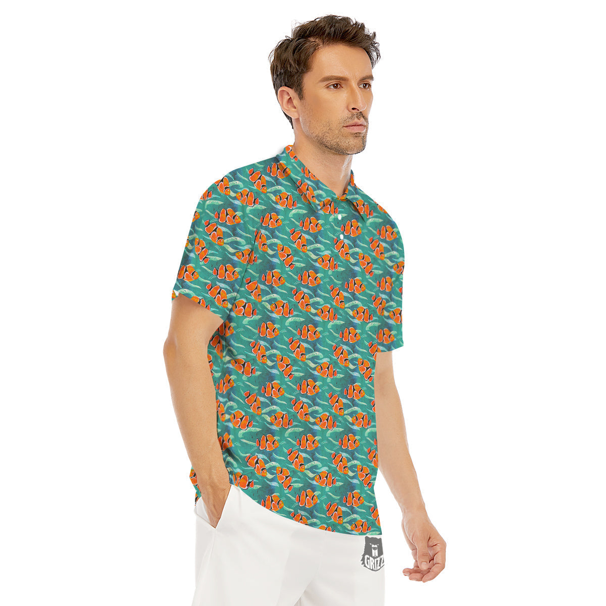 Clownfish Watercolor Blue Print Pattern Men's Golf Shirts-grizzshop