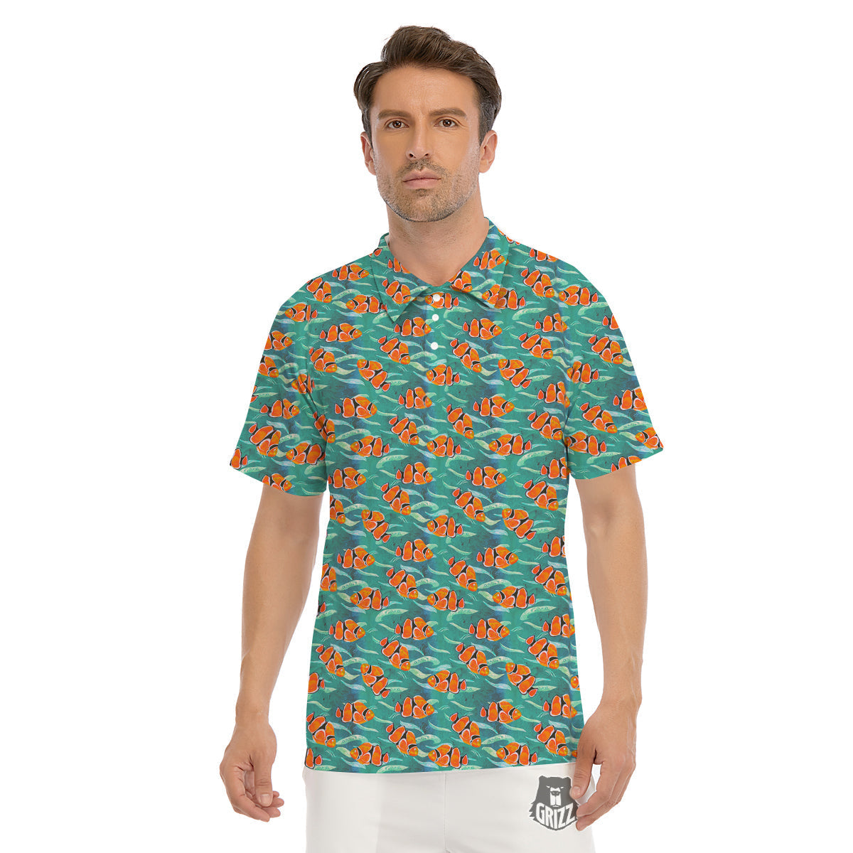 Clownfish Watercolor Blue Print Pattern Men's Golf Shirts-grizzshop
