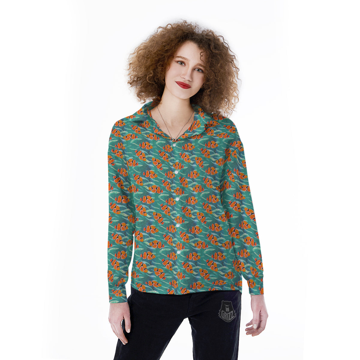Clownfish Watercolor Blue Print Pattern Women's Long Sleeve Shirts-grizzshop