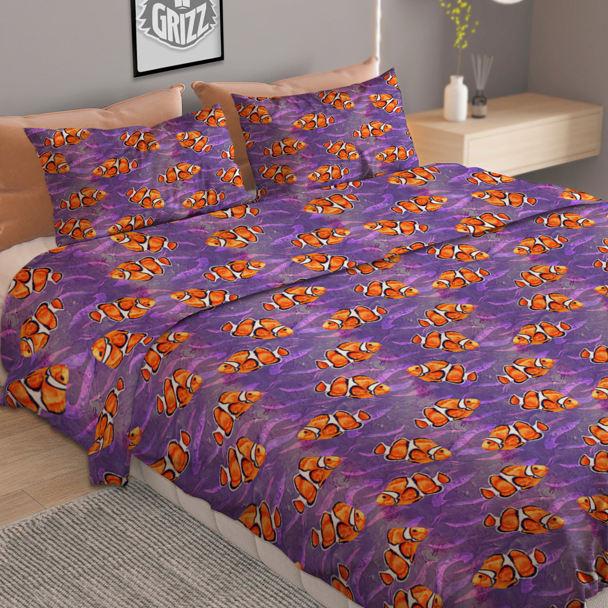 Clownfish Watercolor Purple Print Pattern Duvet Cover Bedding Set
