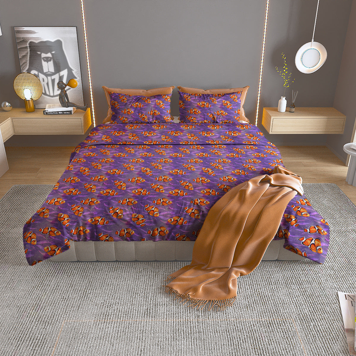 Clownfish Watercolor Purple Print Pattern Duvet Cover Bedding Set