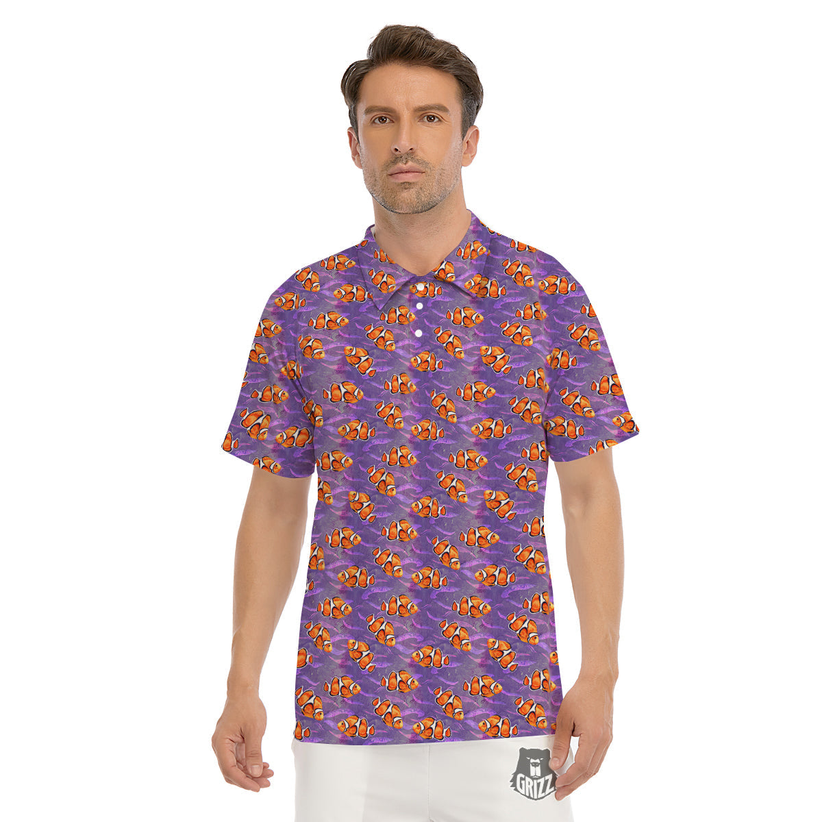 Clownfish Watercolor Purple Print Pattern Men's Golf Shirts-grizzshop