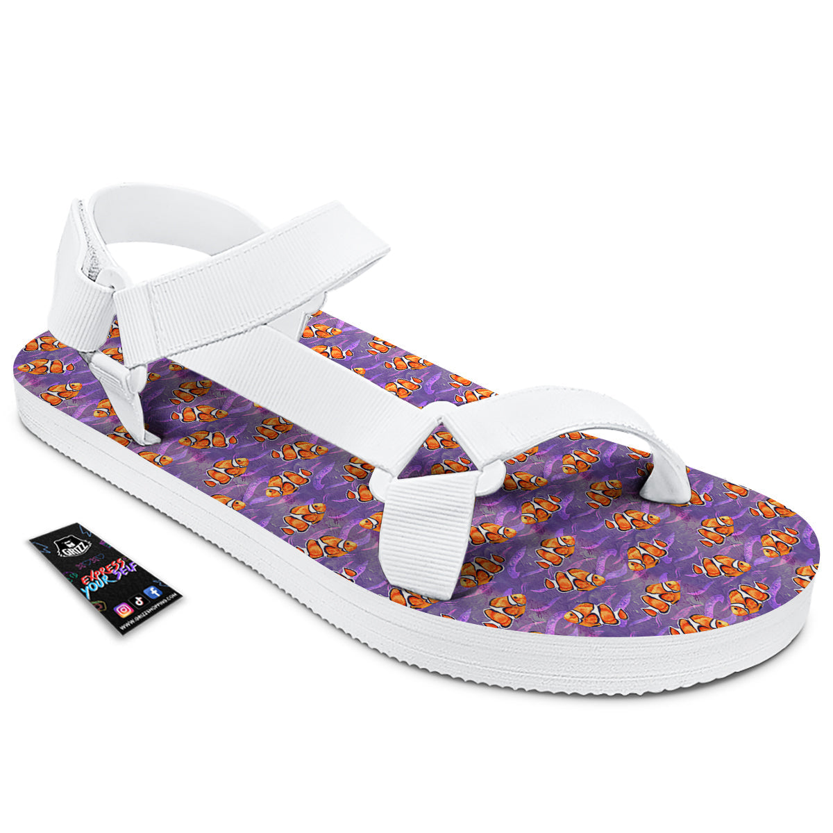 Clownfish Watercolor Purple Print Pattern White Open Toe Sandals-grizzshop