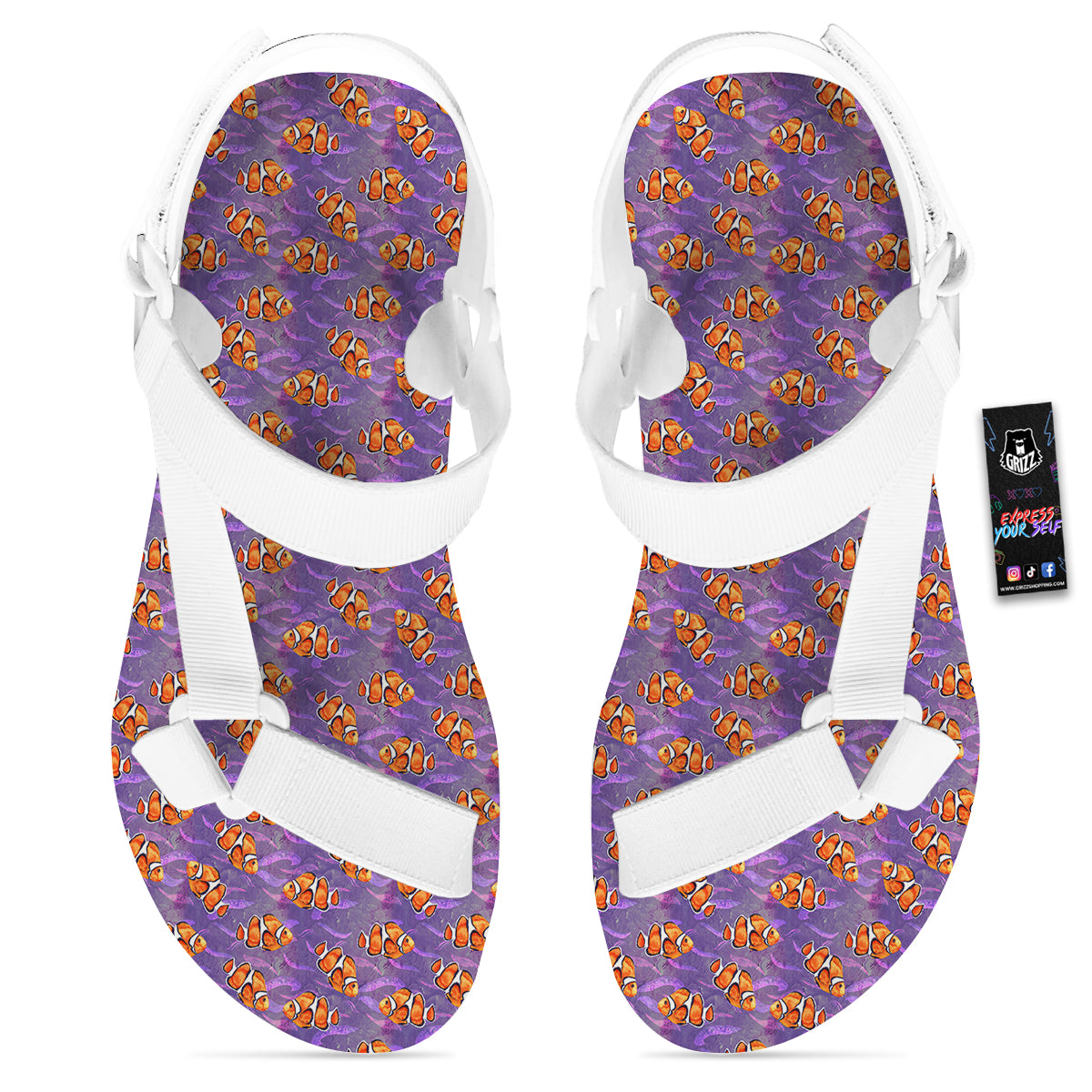 Clownfish Watercolor Purple Print Pattern White Open Toe Sandals-grizzshop