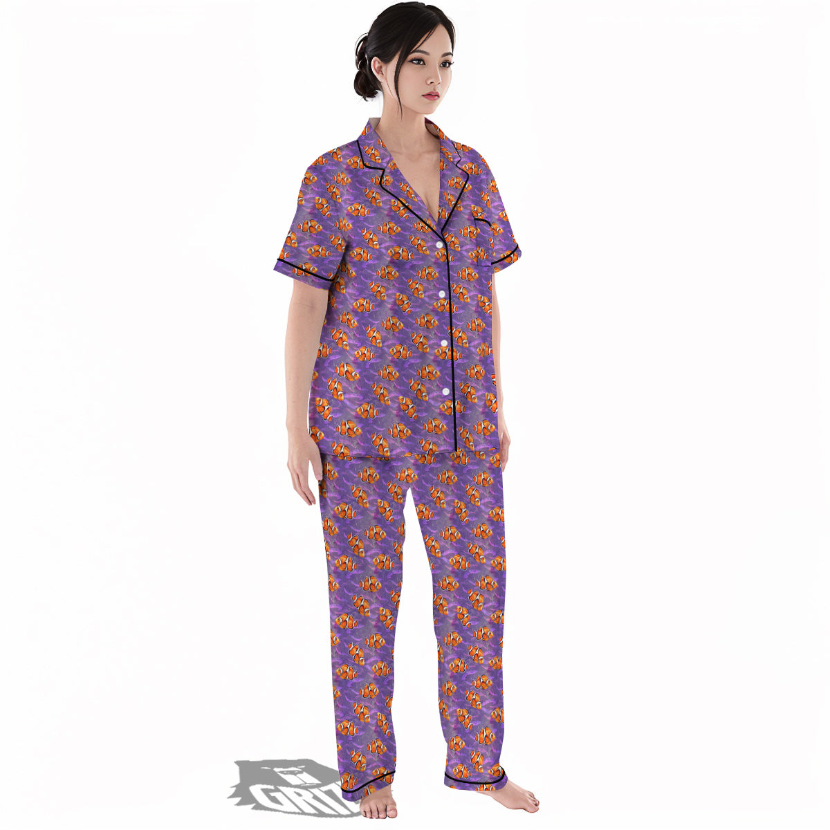 Clownfish Watercolor Purple Print Pattern Women's Pajamas Set-grizzshop