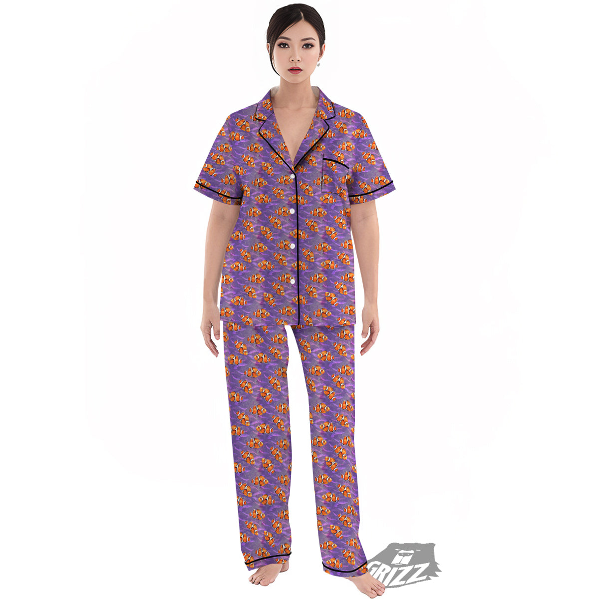 Clownfish Watercolor Purple Print Pattern Women's Pajamas Set-grizzshop