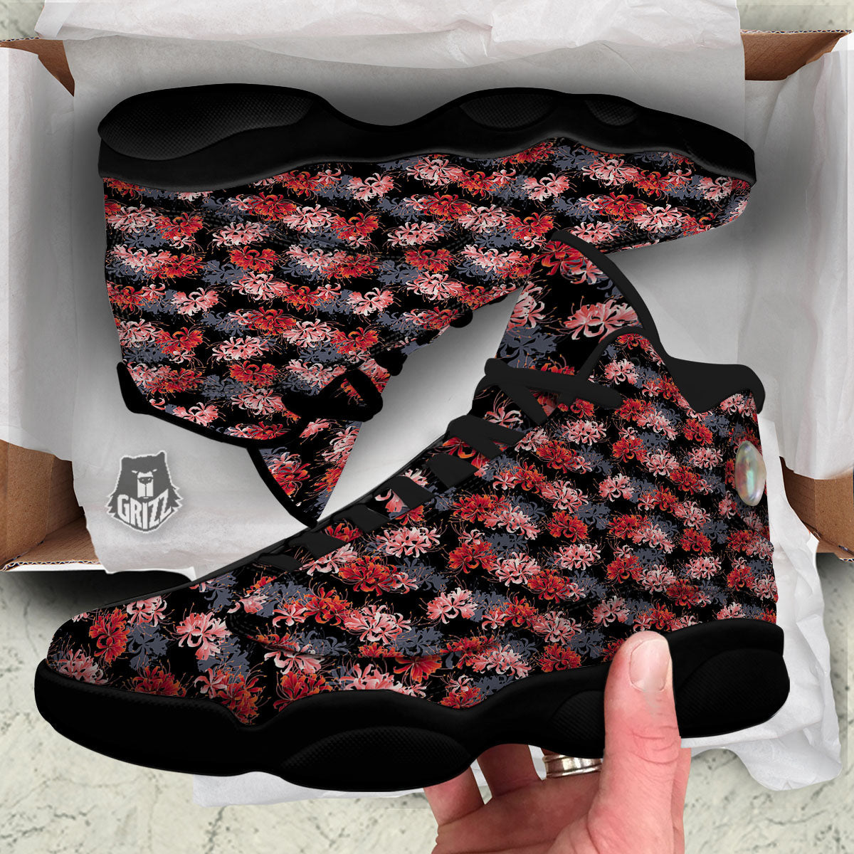 Cluster Amaryllis Japanese Print Pattern Black Basketball Shoes-grizzshop
