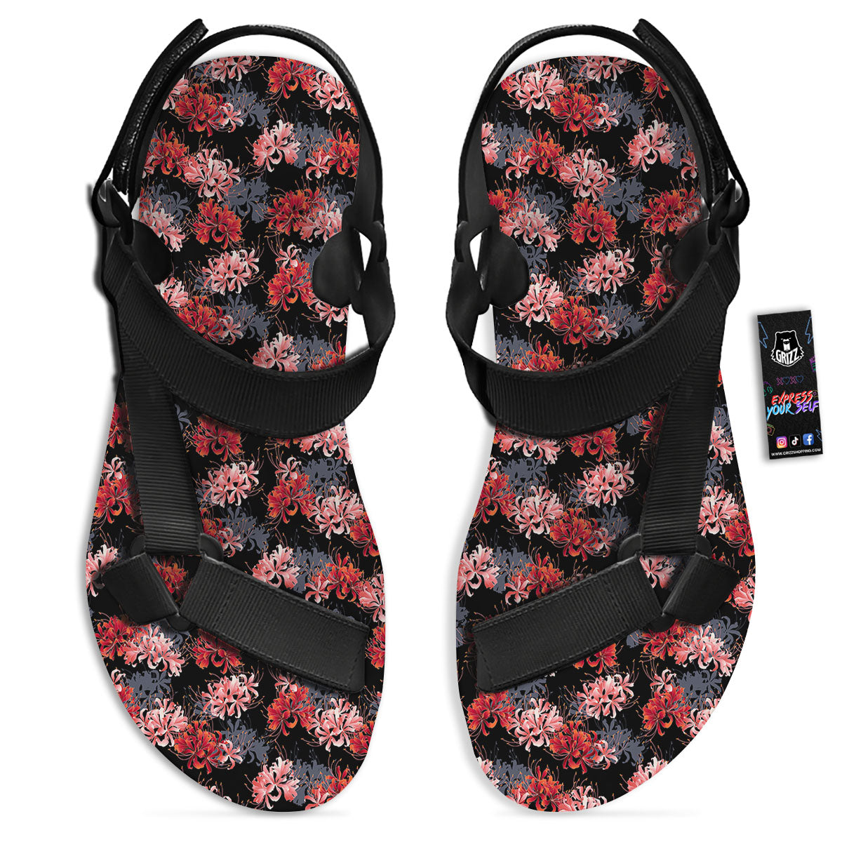 Cluster Amaryllis Japanese Print Pattern Black Open Toe Sandals-grizzshop
