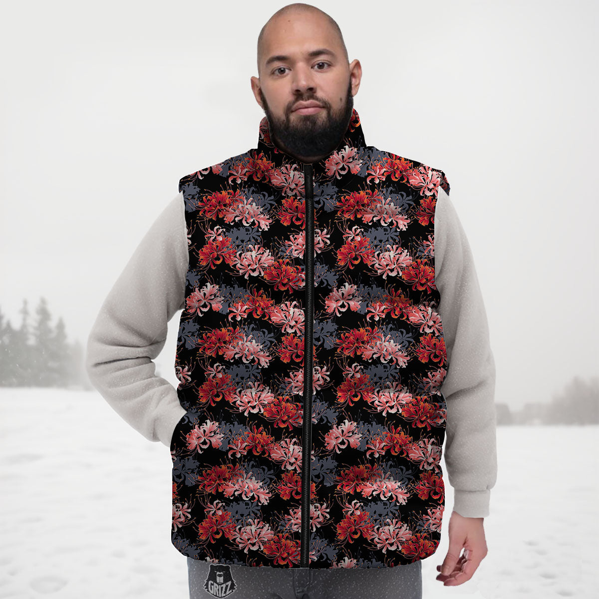 Cluster Amaryllis Japanese Print Pattern Down Vest