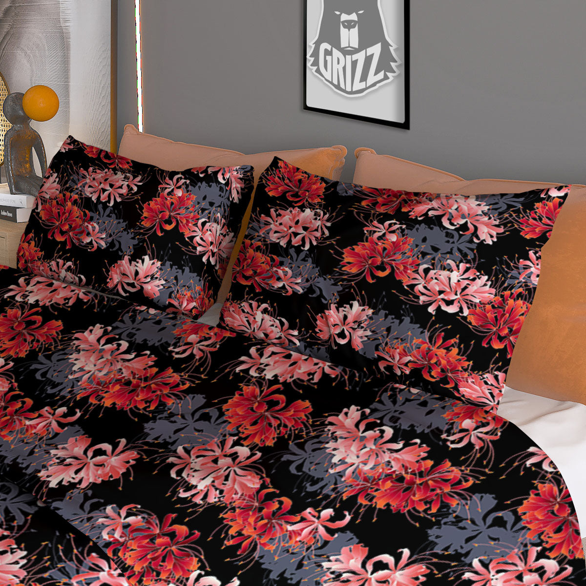 Cluster Amaryllis Japanese Print Pattern Duvet Cover Bedding Set