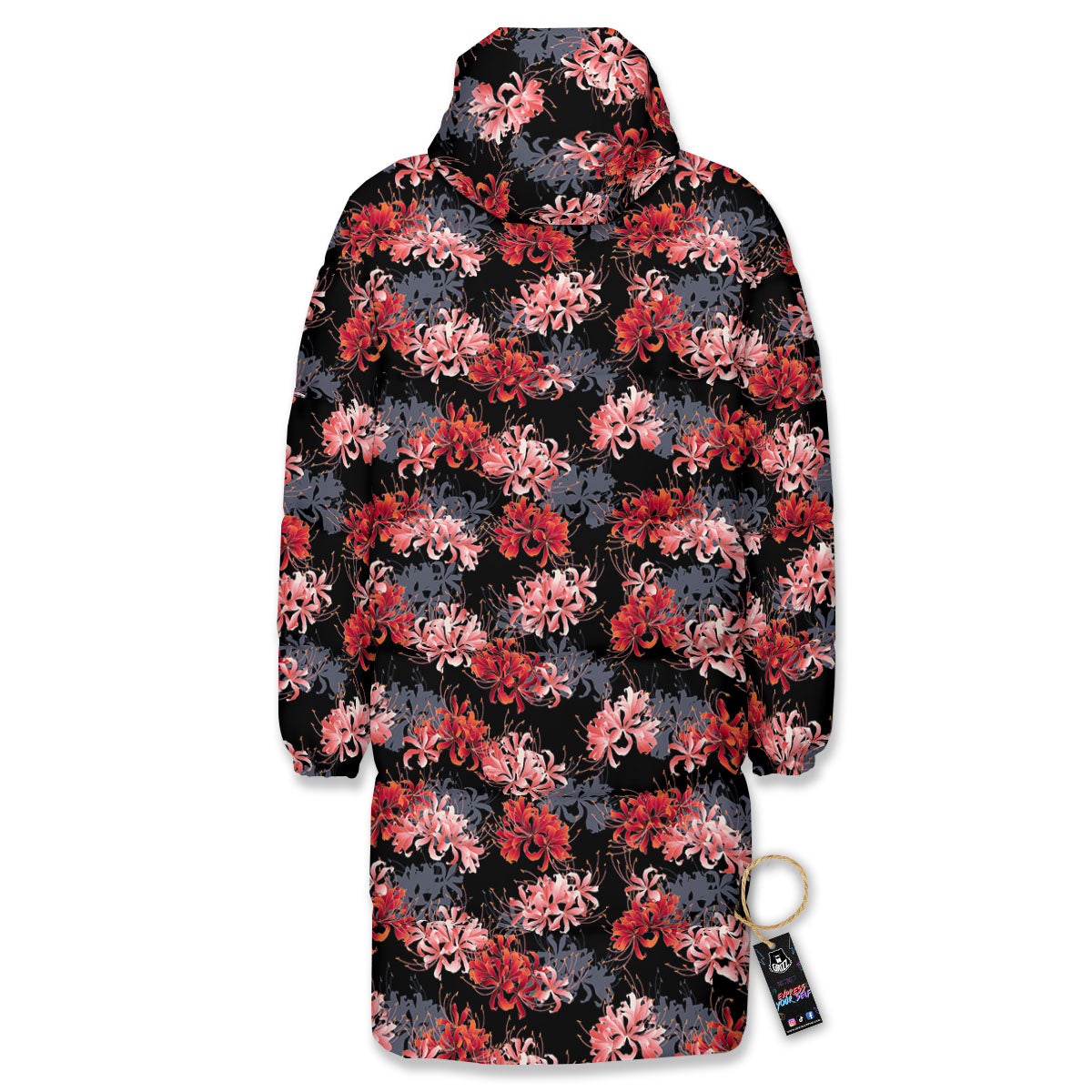 Cluster Amaryllis Japanese Print Pattern Long Down Jacket-grizzshop