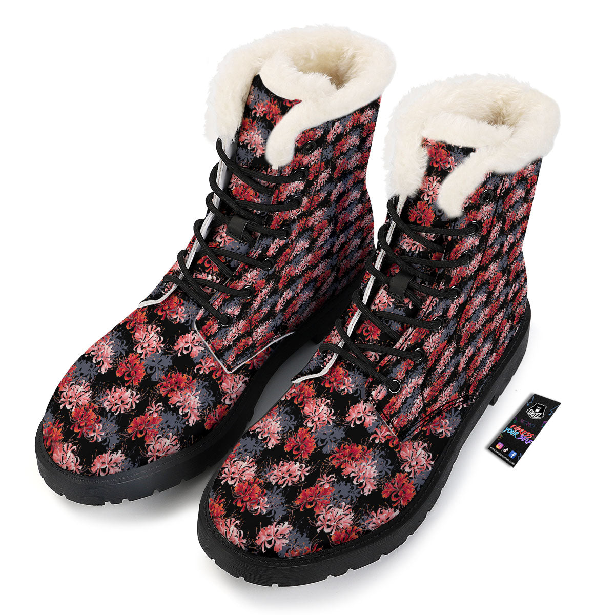 Cluster Amaryllis Japanese Print Pattern Winter Boots-grizzshop