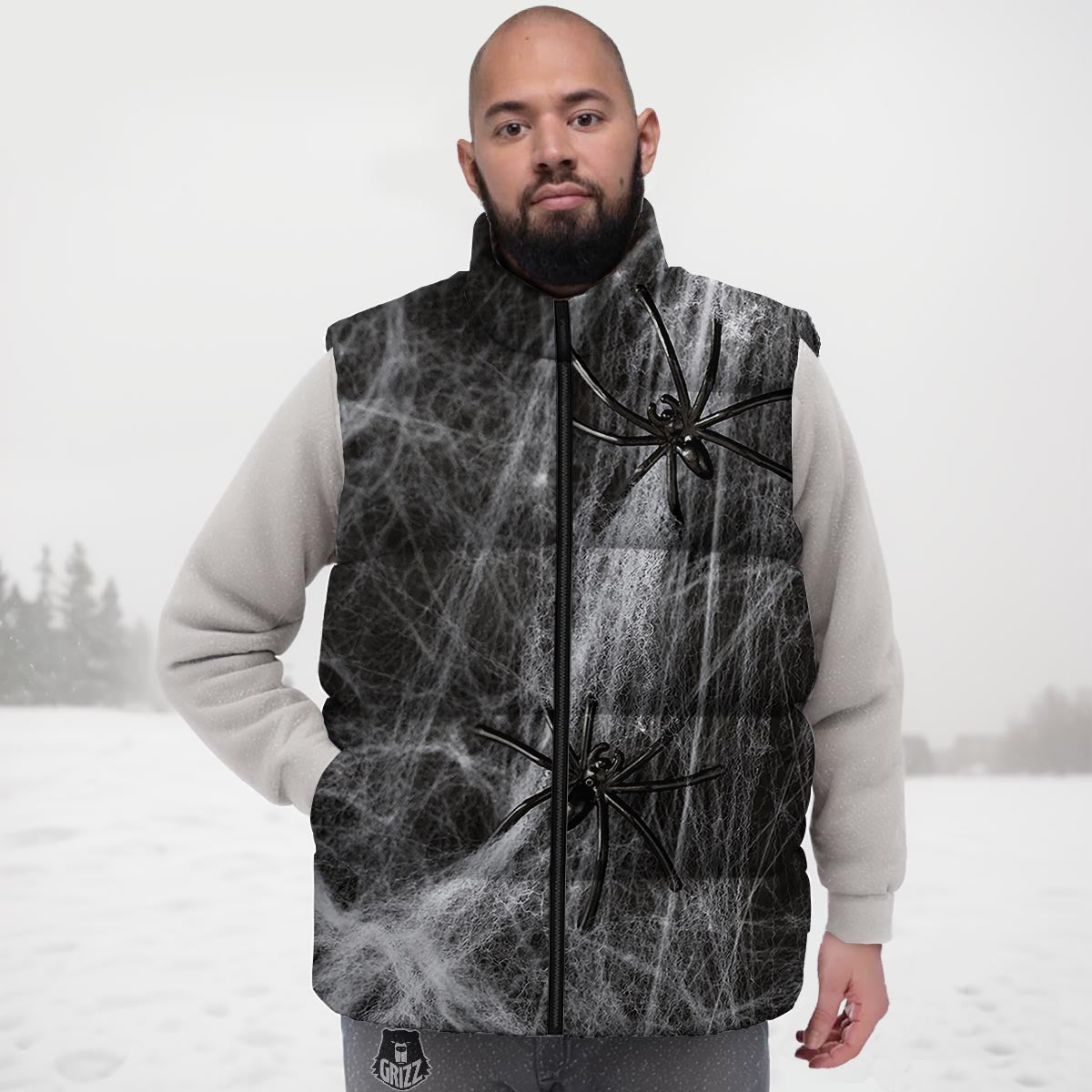 Cobweb And Toy Spiders Print Down Vest