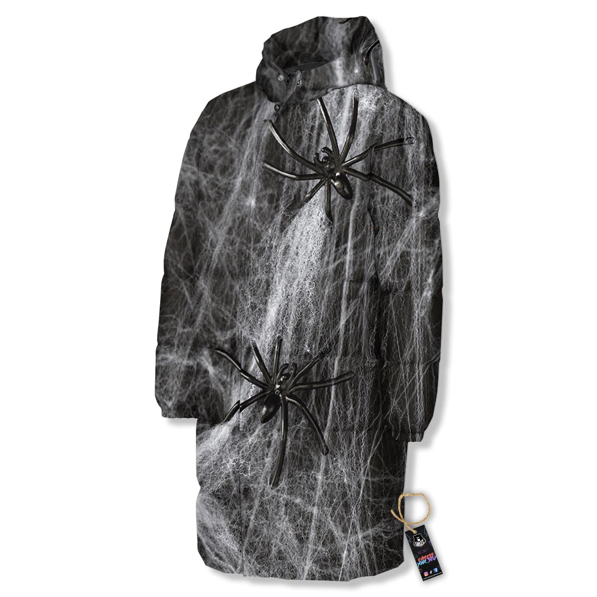 Cobweb And Toy Spiders Print Long Down Jacket-grizzshop