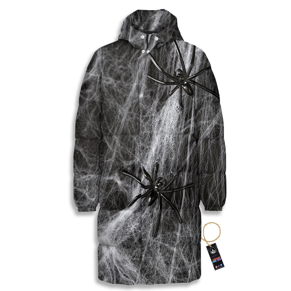 Cobweb And Toy Spiders Print Long Down Jacket-grizzshop