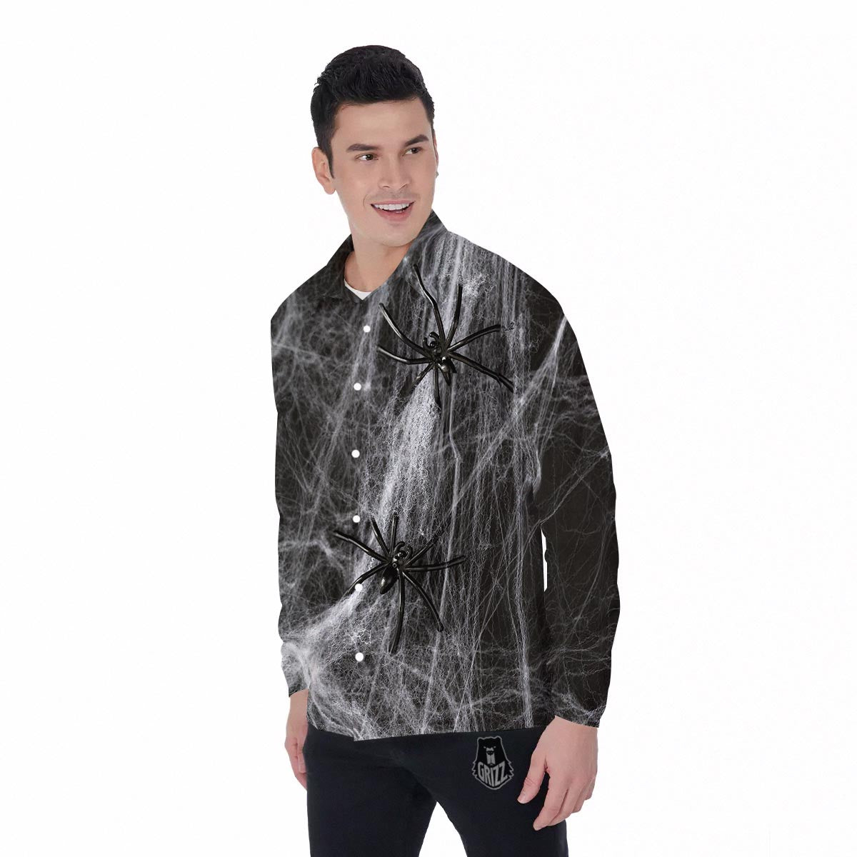 Cobweb And Toy Spiders Print Men's Long Sleeve Shirts-grizzshop
